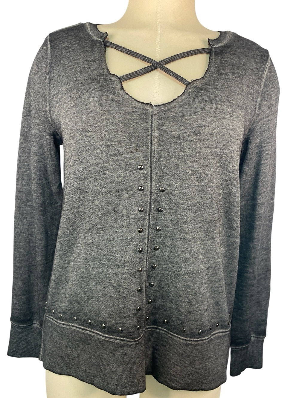 Rick & Republic Crisscross Neck Grey Studded Women’s Top Small